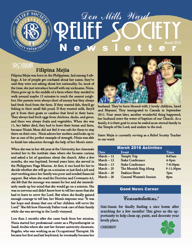 Don MIlls Ward - Relief Society Newsletter for March 2016 (Front Page)